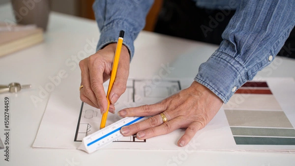 Fototapeta Older Asian Hands Architect Drawing Plan with Pencil and Ruler Blueprint for House Design Ideas Architect Drawing Plan