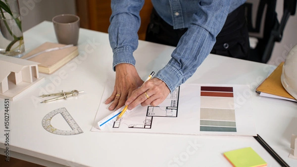 Fototapeta Asian adult architect hands drawing blueprint on desk with tools Home design and Asian adult architect hands working for construction planning ideas