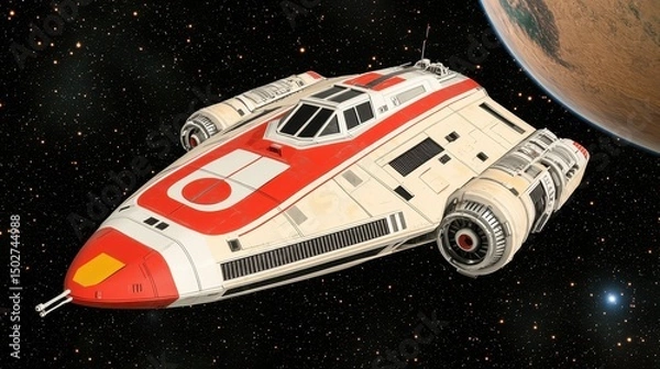 Fototapeta Pixel Art Spaceship in Space Near Planet
