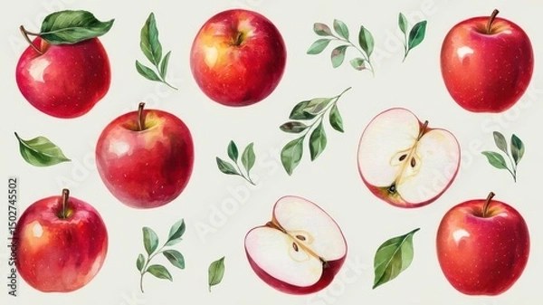 Fototapeta Elegant watercolor apples pattern with leaves, a fresh and vibrant design