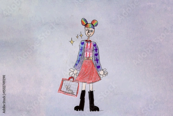 Obraz the girl with the colors of the rainbow travels with her cat