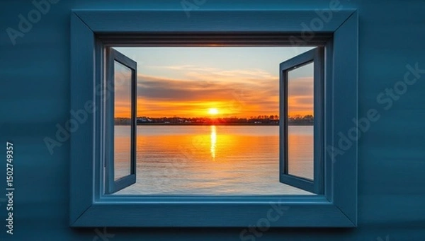 Fototapeta Open window showcasing a vibrant sunset over a calm lake