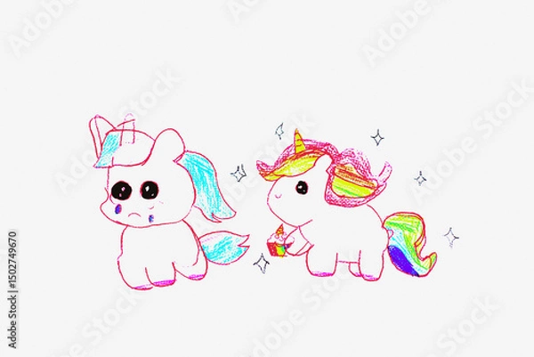 Obraz two colorful unicorn friends on a white background