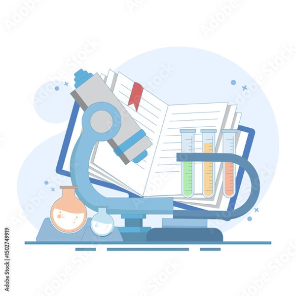 Obraz Research implementation concept, Biology and chemistry, microscope and bacteria. scientific research. cell and molecule analysis. chemical laboratory glassware. flat design illustration.