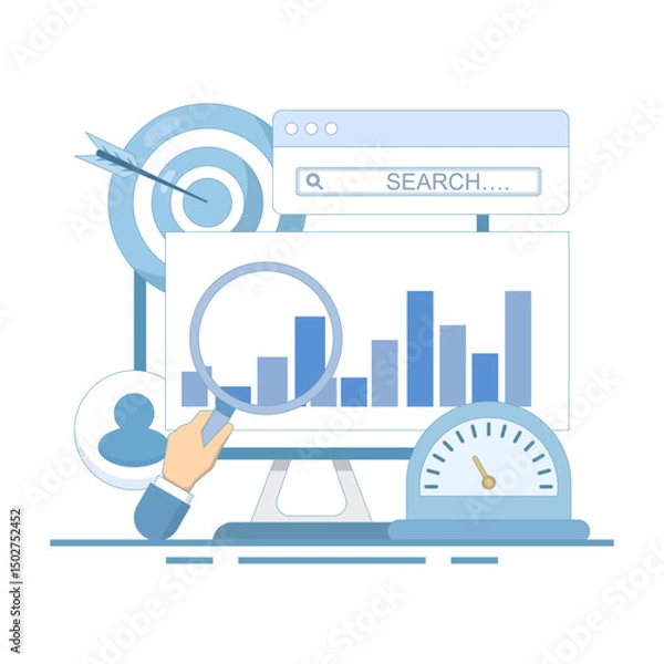 Obraz SEO optimization concept. Search Engine Optimization, campaign for homepage website. website search results, advertising or marketing to improve web ranking. flat design.