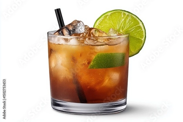 Fototapeta Refreshing Brown Cocktail with Lime Wedge and Ice in Rocks Glass