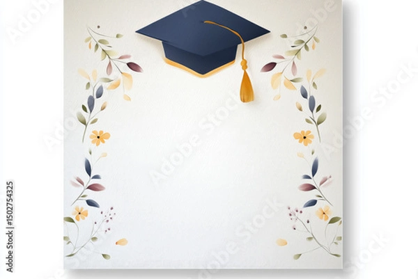 Fototapeta Top-Down View of Floral-Adorned Graduation Cap on Textured White Paper, Soft Pastel Palette in Elegant Minimal Design for Mobile-First Applications.