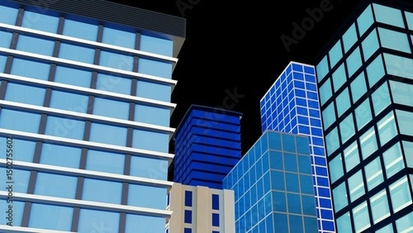Fototapeta A 3D rendering of a group of tall, modern, stylized skyscraper buildings predominantly features blue and light blue glass facades.