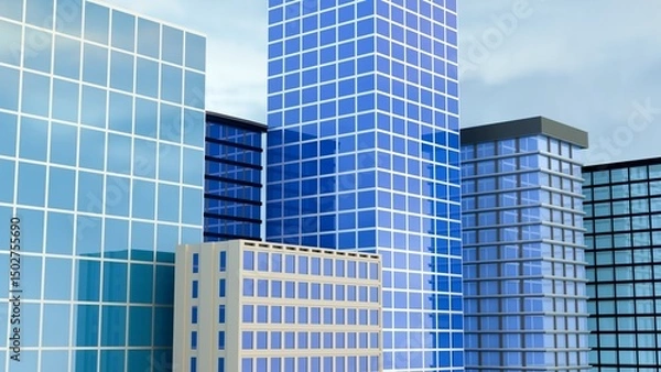 Fototapeta A 3D rendering of a group of tall, modern, stylized skyscraper buildings predominantly features blue and light blue glass facades.
