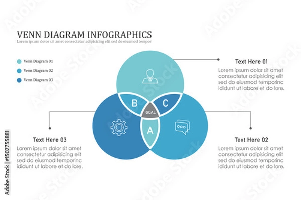 Fototapeta Venn diagram infographic chart template for business 3, 4, parts, options, presentation with venn diagram elements vector illustration.
