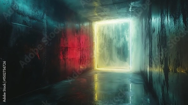 Fototapeta Illuminated portal in dark concrete space revealing colors and reflections