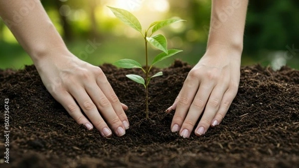 Fototapeta Hands plant a seedling in soil, symbolizing growth