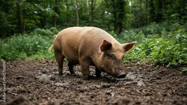 Fototapeta Pig in a muddy field in the woods.