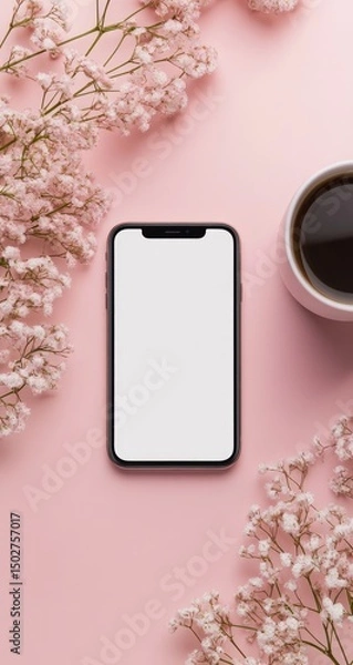 Fototapeta Smartphone on a pink surface surrounded by small pink flowers and a coffee cup