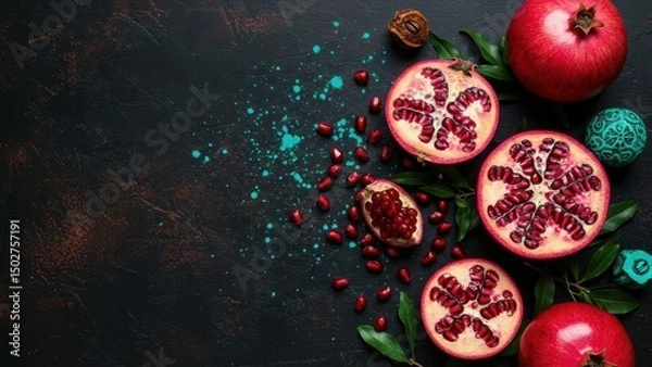 Fototapeta Fresh juicy pomegranates on dark background, top view