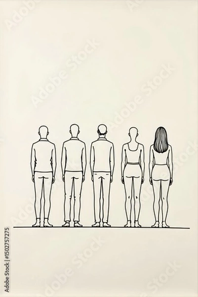 Fototapeta continuous line drawing of five different people standing side by side, minimalist black ink