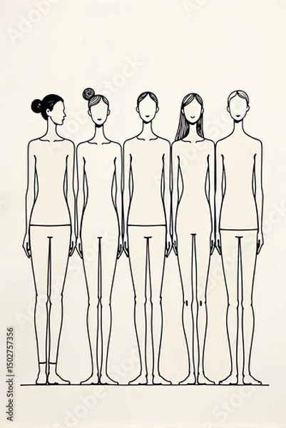 Fototapeta continuous line drawing of five different people standing side by side, minimalist black ink