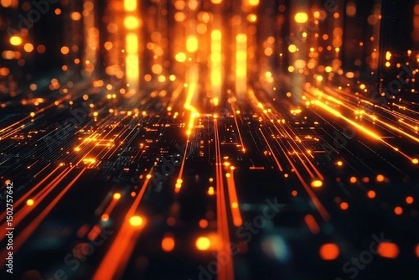 Fototapeta Abstract digital network.  Orange lights streak across dark circuit board
