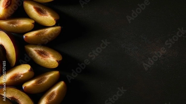 Fototapeta Slices of plums on a dark surface with copy space