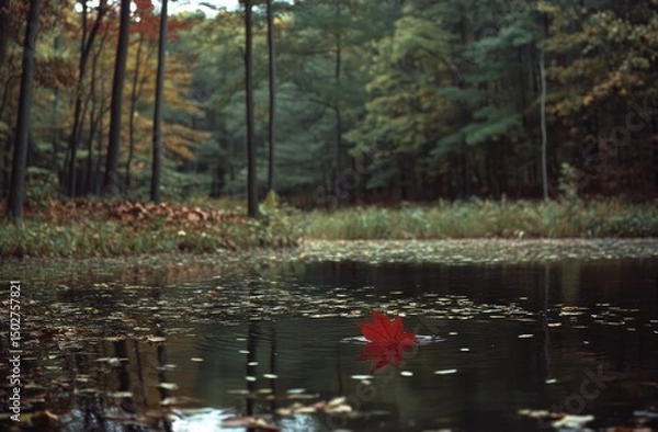 Fototapeta Autumnal still life. Red leaf floats on a placid woodland pool