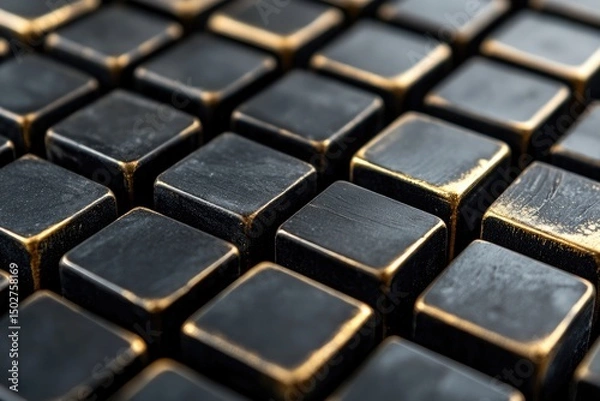 Fototapeta Close-up of numerous dark gray cubes with gold accents