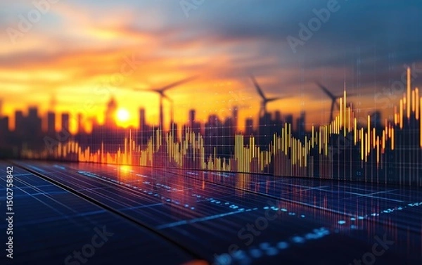 Fototapeta Financial data overlaid on solar panels with city skyline and wind turbines at sunset