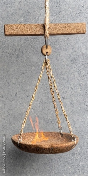 Fototapeta Rustic Cork Scale with Burning Fire Hanging from Wooden Beam