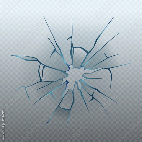 Fototapeta Realistic glass crack isolated on transparent background. Vector illustration of broken window, monitor display, gadget screen, car windshield, gunshot effect. Accident design element