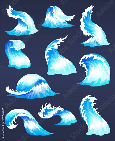 Fototapeta Sea ocean wave set. Blue water ocean waves, marine surf wave, ripples tides sea storm, tsunami, tidal different shapes, splash water motion with spray isolated vector cartoon illustration