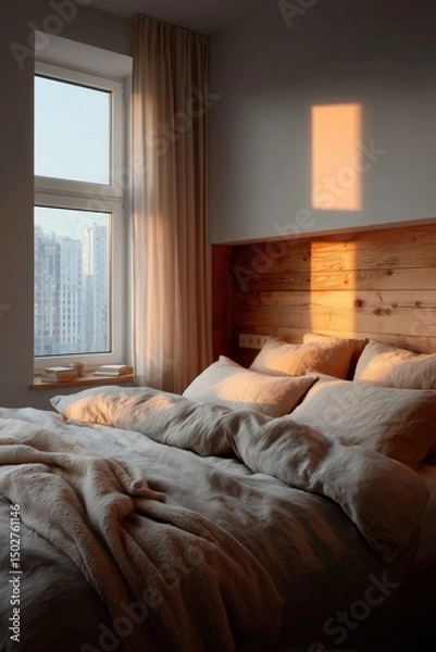 Fototapeta Sunlight fills a cozy bedroom with a wooden headboard, creating a serene and inviting morning atmosphere for relaxation.