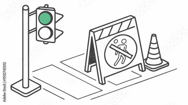 Obraz Traffic Lights & Road Work Signs – Safety, Control & Pedestrian Caution Icons