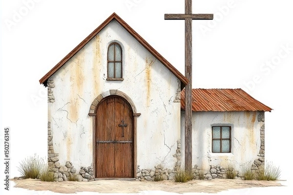 Fototapeta Rustic Whitewashed Adobe Church with Wooden Door and Cross