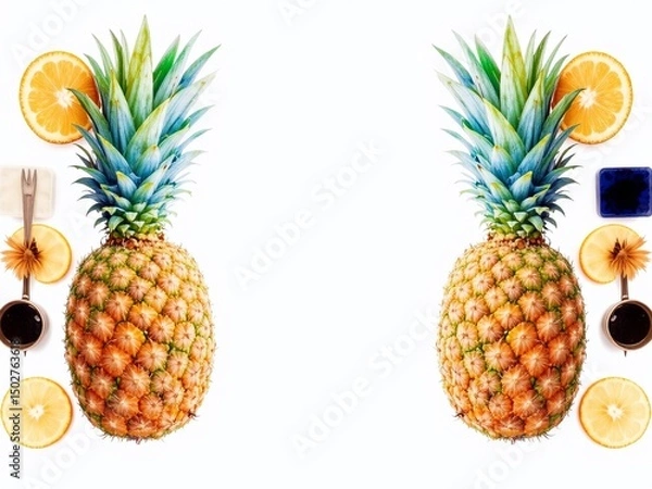 Fototapeta Watercolor Pineapple Art, Isolated Slices on White