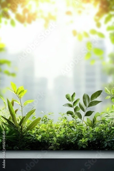 Obraz A lush green plant is growing in front of a building
