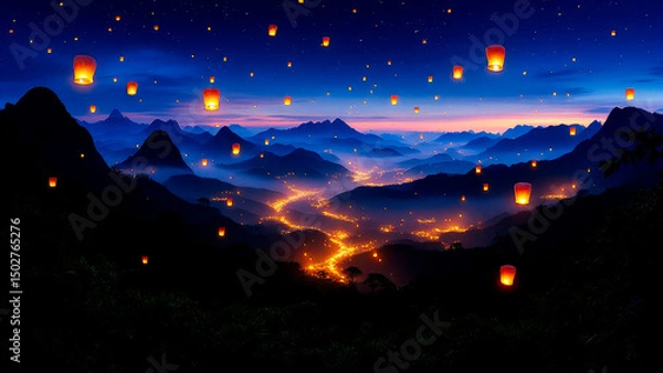 Obraz Surreal Yi Peng festival scene with glowing lanterns over Thai mountains
