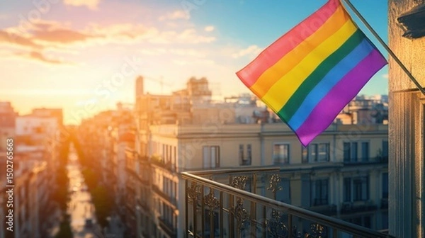 Obraz Rainbow Pride Flag Hanging from Balcony in Urban Neighborhood – Symbol of LGBTQIA+ Visibility, Love, and Inclusion in Everyday City Life and Residential Community Spaces