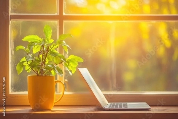 Obraz Cozy Home Office Corner with Wooden Desk, Laptop, and Indoor Plant – Warm Sunlight, Minimalist Decor, and Calming Atmosphere for a Peaceful, Productive Work-from-Home Environment