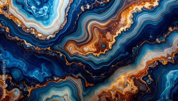 Fototapeta Abstract agate pattern with swirling blue, orange, and white hues.