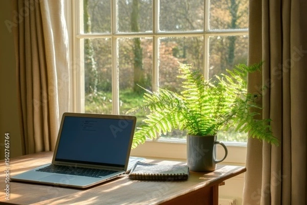 Obraz Cozy Home Office Corner with Wooden Desk, Laptop, and Indoor Plant – Warm Sunlight, Minimalist Decor, and Calming Atmosphere for a Peaceful, Productive Work-from-Home Environment