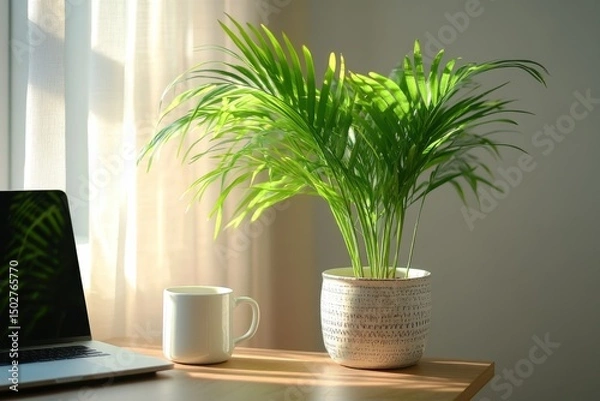 Obraz Cozy Home Office Corner with Wooden Desk, Laptop, and Indoor Plant – Warm Sunlight, Minimalist Decor, and Calming Atmosphere for a Peaceful, Productive Work-from-Home Environment
