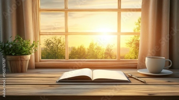 Obraz Cozy Reading and Journaling Corner with Wooden Desk, Open Notebook, Tea, and Sunset Light – Warm, Calm Atmosphere for Mindful Moments and Peaceful Creative Inspiration at Home