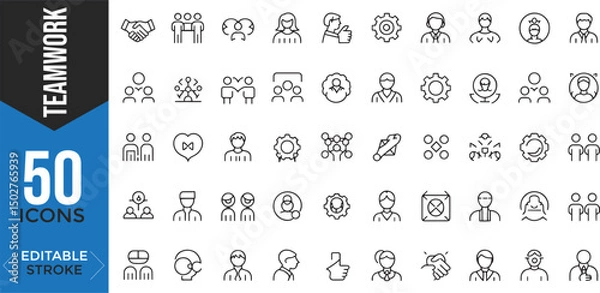 Fototapeta Horizontal row of simple line icons representing concepts of collaboration, teamwork, and business interactions. Icons include: a handshake, people brainstorming, gears symbolizing collaboration, hi