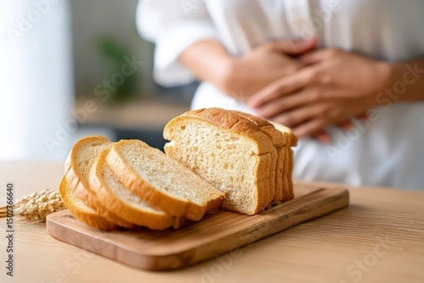 Obraz Freshly baked white bread sliced on wooden cutting board, capturing soft texture and warm rustic ambiance of home baking, person holding stomach in pain