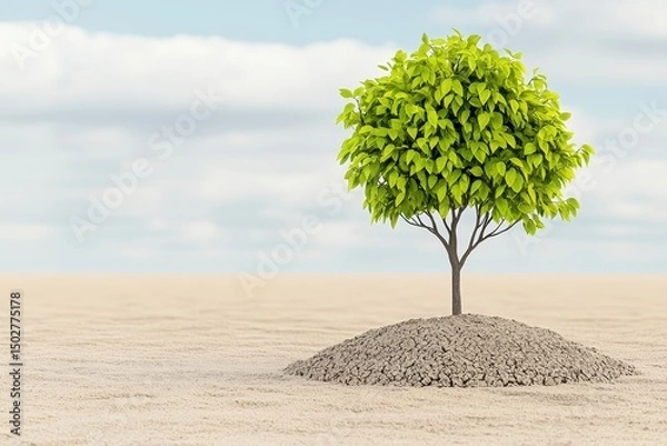 Fototapeta Single Green Tree Growing in Sandy Desert Under Partly Cloudy Sky