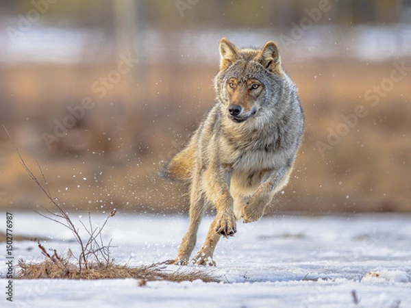 Obraz Eurasian Wolf running fast through water splash