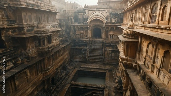 Fototapeta Ancient Stepwell Architecture in India: A Misty Morning