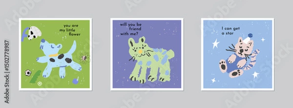 Fototapeta Hand drawn fun background with dog, cat