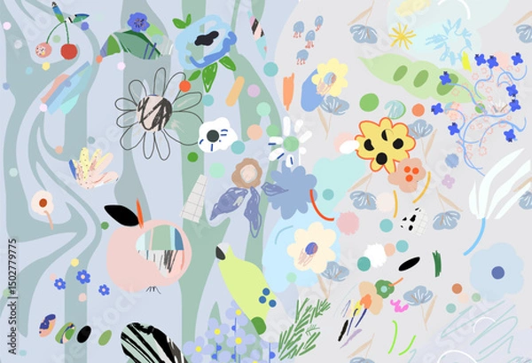 Fototapeta Creative universal floral background. Modern graphic design. Hand Drawn textures. Ideal for web, card, poster, cover, invitation, brochure. Vector