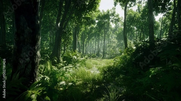 Fototapeta Luminous Path Through Verdant Forest Canopy