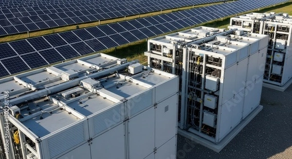 Fototapeta Solar farm with battery storage and photovoltaic panels generating power